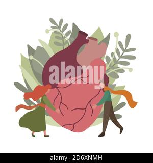 Flat illustration of realistic heart with leaves, foliage and small hugging couple. Relationship in nature. Eco card for Valentine Day. Save the earth Stock Vector