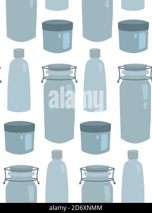 Seamless flat texture of glass bottles and jar in a row on white background. Zero waste products. Vector pattern for fabrics, wallpapers, backgrounds Stock Vector