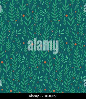 Seamless flat pattern with branches, leaves and berries on a dark green background. Natural simple floral backdrop. Natural tapestry wallpaper. Vector Stock Vector
