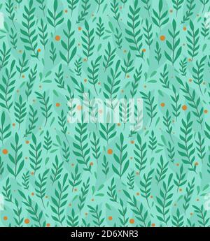 Branches, leaves and berries on turquoise background. Seamless flat pattern with natural simple floral ornaments. Natural tapestry wallpaper. Vector t Stock Vector