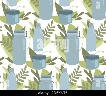 Seamless flat texture of glass bottles and jar with green foliage on white background. Zero waste products. Vector eco pattern for fabrics, wallpapers Stock Vector