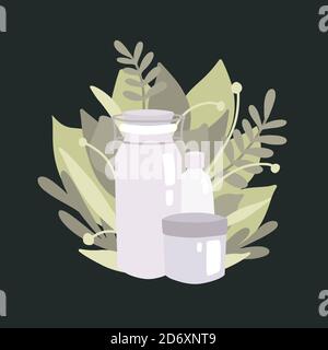 Zero waste items with green leaves on dark green background. Flat illustration of glass jars and bottles with foliage. Vector element for print, banne Stock Vector
