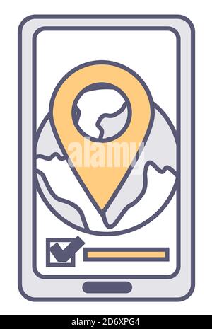 Globe with location pointer or geotag, map on phone Stock Vector