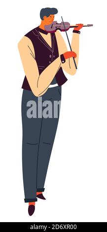 Violinist playing string instrument, violin musician on concert Stock Vector