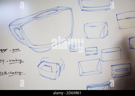 Irvine, California, USA. 6th Feb, 2013. Design sketches of the Oculus Rift virtual reality video game headset the Oculus company is developing in Irvine, California on Wednesday, February 6, 2013. © 2013 Patrick T. Fallon Credit: Patrick Fallon/ZUMA Wire/Alamy Live News Stock Photo