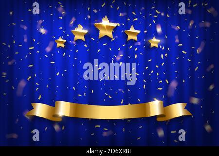Blue curtain with golden confetti, stars and ribbon. Show opening, celebration event, announcement, festive performance vector illustration. Shining Stock Vector