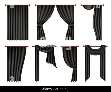 Black window curtain and drape mockup set, vector isolated illustration. Realistic hanging fluttering curtains. Stock Vector