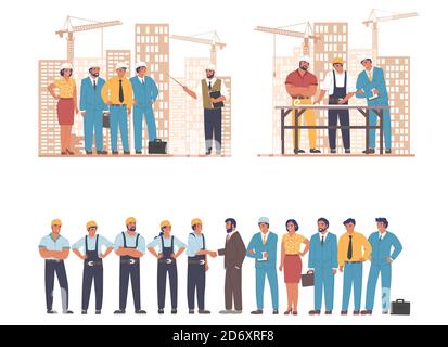 Construction engineers, architects, builder workers, flat vector illustration. Building industry, architectural planning Stock Vector