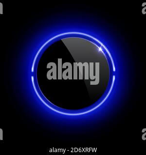Realistic glossy plastic button with blue neon circle frame Stock Vector