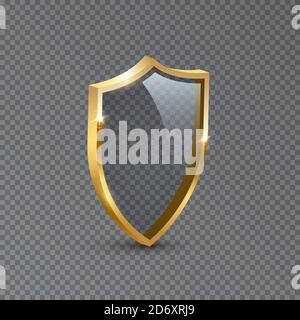 Golden shield frame design. Gold heraldic glass emblem vector illustration. Retro luxury element with shining sparkles. Heraldry insignia, antique Stock Vector