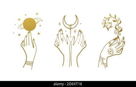 Magic hands with Celestial mystical symbols. Spiritual boho elements with  crystal, snake and butterfly moth and eye. Black silhouette of woman arms  isolated on white. Vector illustration 12320602 Vector Art at Vecteezy