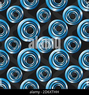 Seamless background of concentric circles in neon blue colors on black Stock Vector