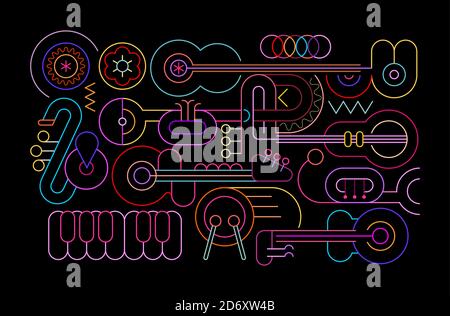 Neon colors isolated on a black background Music Instruments vector illustration. Colored line art silhouettes of guitars, trumpets, sax, saxophone, d Stock Vector