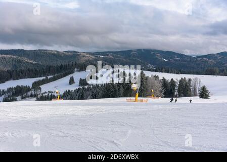 Panoramic winter view of Beskid Sadecki mountains from ski slope in Krynica Zdroj, Poland Stock Photo