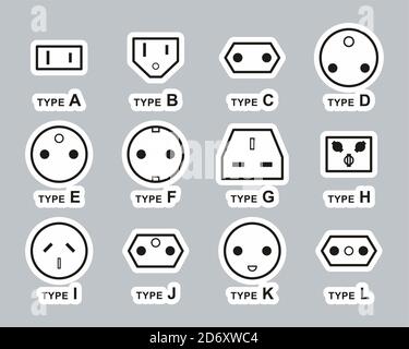 Electrical Plug Type Icons Black & White Sticker Set Big Stock Vector