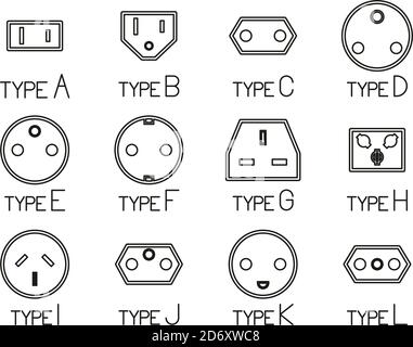 Electrical Plug Type Icons Black & White Thin Line Set Big Stock Vector