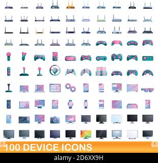 100 device icons set. Cartoon illustration of 100 device icons vector set isolated on white background Stock Vector