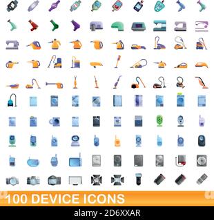 100 device icons set. Cartoon illustration of 100 device icons vector set isolated on white background Stock Vector