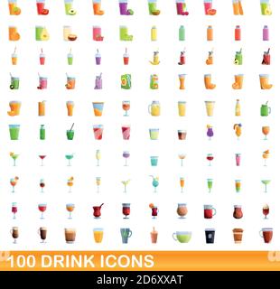 100 drink icons set. Cartoon illustration of 100 drink icons vector set isolated on white background Stock Vector