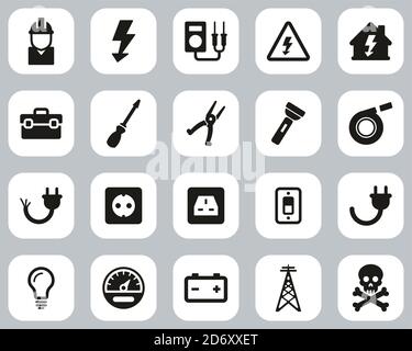Electrician Tools & Equipment Icons Black & White Flat Design Set Big Stock Vector
