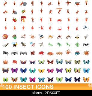 100 insect icons set. Cartoon illustration of 100 insect icons vector set isolated on white background Stock Vector