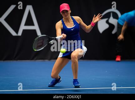 ereza Martincova of the Czech Republic in action against Bernarda Pera of the United States during the first qualifications round at the 2020 J&T Ban Stock Photo