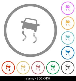 Slippery road dashboard indicator flat color icons in round outlines on white background Stock Vector