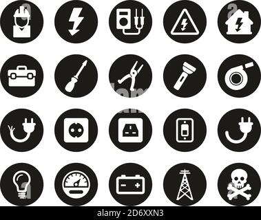 Electrician Tools & Equipment Icons White On Black Flat Design Circle Set Big Stock Vector