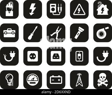 Electrician Tools & Equipment Icons White On Black Flat Design Set Big Stock Vector