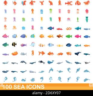 100 sea icons set. Cartoon illustration of 100 sea icons vector set isolated on white background Stock Vector