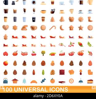 100 universal icons set. Cartoon illustration of 100 universal icons vector set isolated on white background Stock Vector