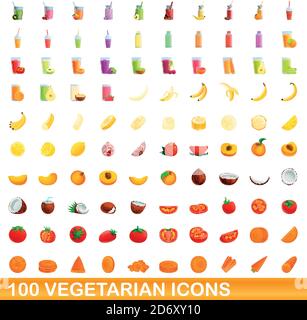100 vegetarian icons set. Cartoon illustration of 100 vegetarian icons vector set isolated on white background Stock Vector