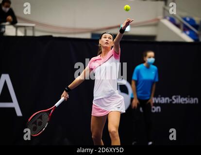 arie Bouzkova of the Czech Republic in action against Daria Kasatkina of Russia during the second qualifications round at the 2020 J&T Banka Ostrava Stock Photo