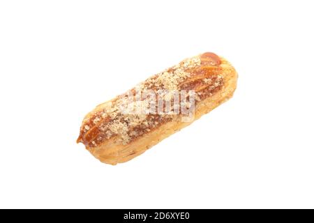 Eclair cake with walnuts and custard filling with nuts isolated on white background Stock Photo