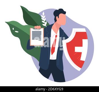 Healthcare and insurance, agent with document and shield Stock Vector