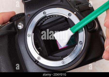 Cleaning a dslr camera sensor with swab. Routine removal of dust and spots from photographic equipment. Maintenance close-up. Top view. Stock Photo
