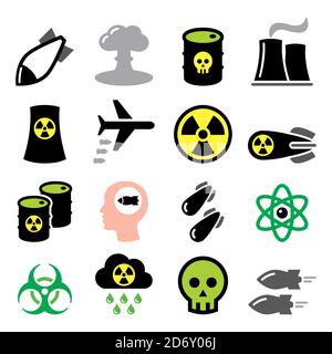 Nuclear weapon, nuclear factory, war, bombs vector icons set - biohazard warning Stock Vector