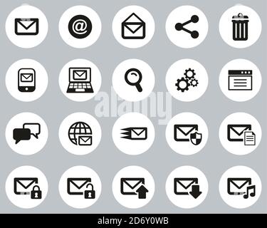 Email Icons Black & White Flat Design Circle Set big Stock Vector