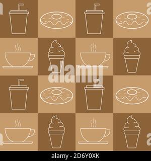 Illustration vector design of donuts, plastic glass, ice cream, coffee make a pattern. Good to place as food court background, packaging design, cafe Stock Vector