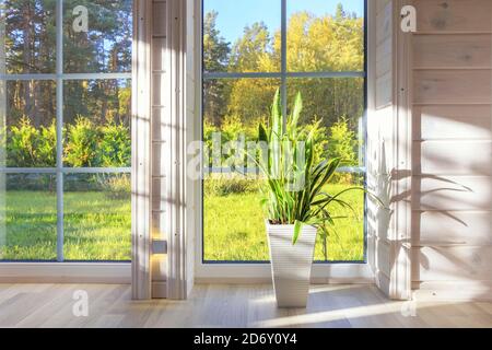 Bright photo studio interior with big window, high ceiling, white wooden floor Stock Photo