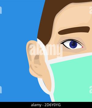 Illustration vector design of half the face of a man using medical mask for protecting himself Stock Vector