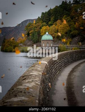 The Elan Valley Reservoirs are a chain of man-made lakes created from damming the Elan and Claerwen rivers within the Elan Valley in Mid Wales. Stock Photo