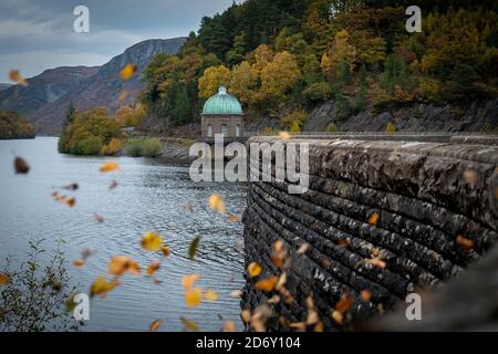 The Elan Valley Reservoirs are a chain of man-made lakes created from damming the Elan and Claerwen rivers within the Elan Valley in Mid Wales. Stock Photo