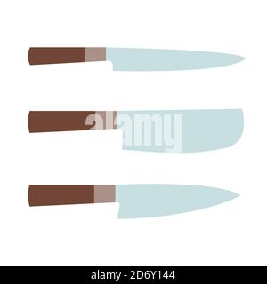 Set of kitchen knives. Big and small blades. Wooden handle. Vector illustration Stock Vector