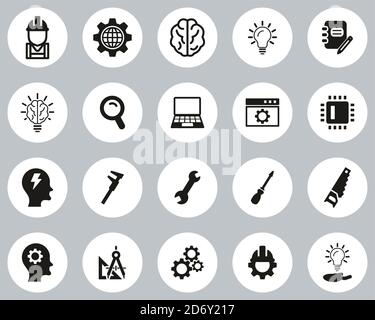 Engineering Icons Black & White Flat Design Circle Set Big Stock Vector