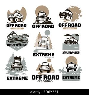 Off road extreme expedition and adventure, labels and emblems Stock Vector