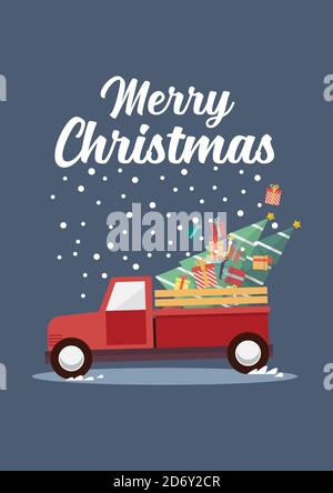 Red truck with a Christmas tree. Merry Christmas postcard. Vector illustration Stock Vector