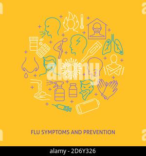 Flu symptoms and prevention round banner in line style Stock Vector