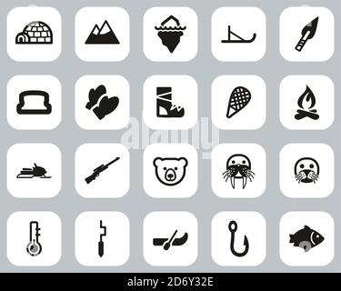 Eskimo Culture & Tools Icons Black & White Flat Design Set Big Stock Vector