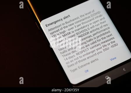 Bucharest, Romania - October 20, 2020: Details with a RO ALERT message received by all the inhabitants of Bucharest regarding the spread of the Covid- Stock Photo